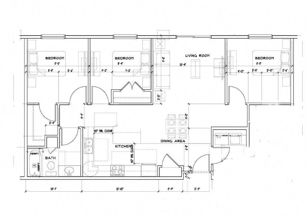 Floor plan for 3 beds, 1 bath, 1095 sqft